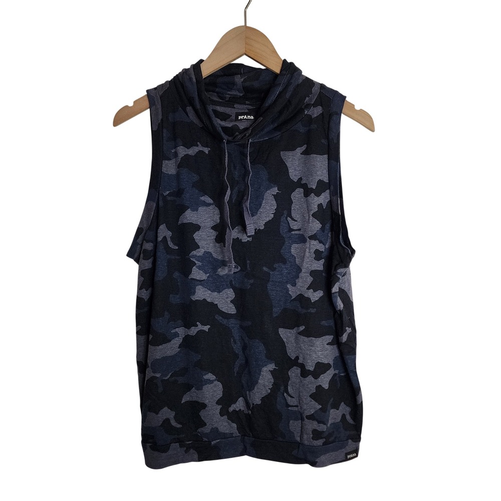 Prana Sleeveless Hoodie Women Medium Blue Camo Cowl Neck Drawstring Vest